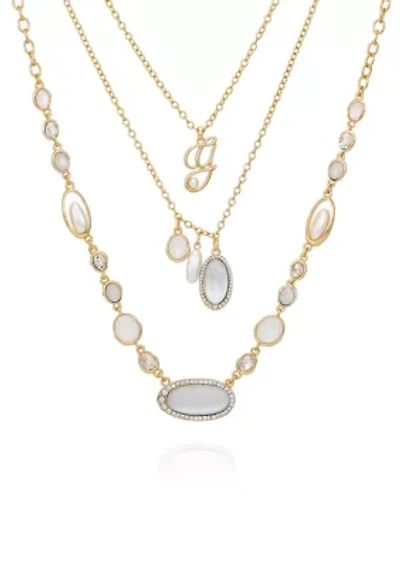 White Stone Charm Multi Row Gold Tone Necklace