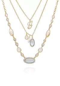 White Stone Charm Multi Row Gold Tone Necklace