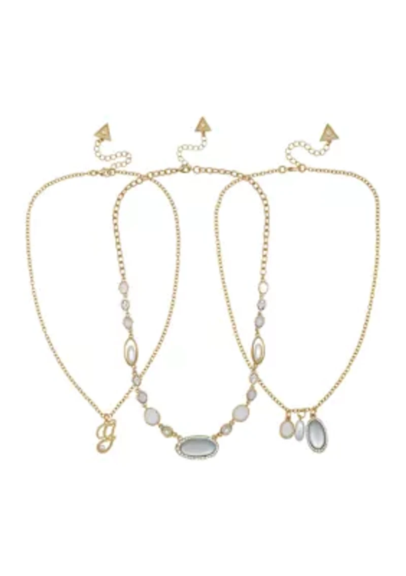 White Stone Charm Multi Row Gold Tone Necklace