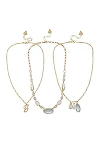 White Stone Charm Multi Row Gold Tone Necklace