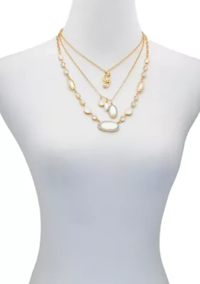 White Stone Charm Multi Row Gold Tone Necklace