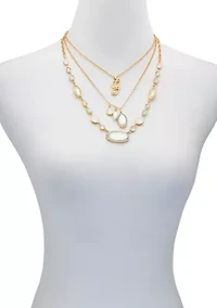 White Stone Charm Multi Row Gold Tone Necklace
