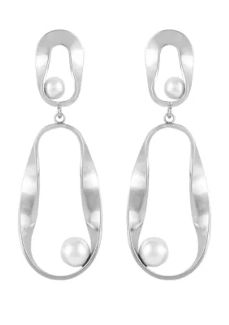 Silver Tone Pearl Ribbon Statement Earrings