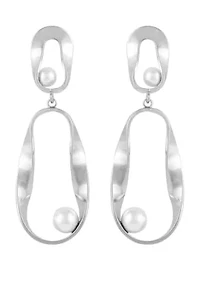 Silver Tone Pearl Ribbon Statement Earrings
