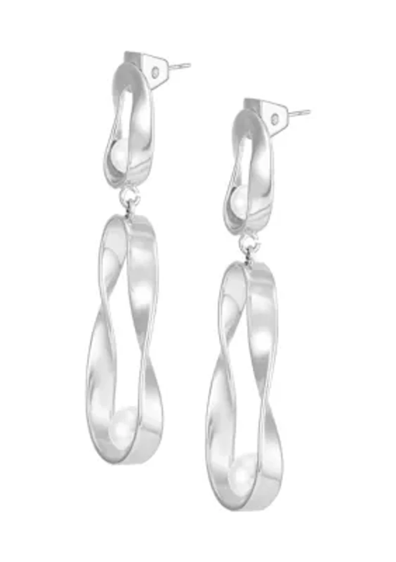 Silver Tone Pearl Ribbon Statement Earrings
