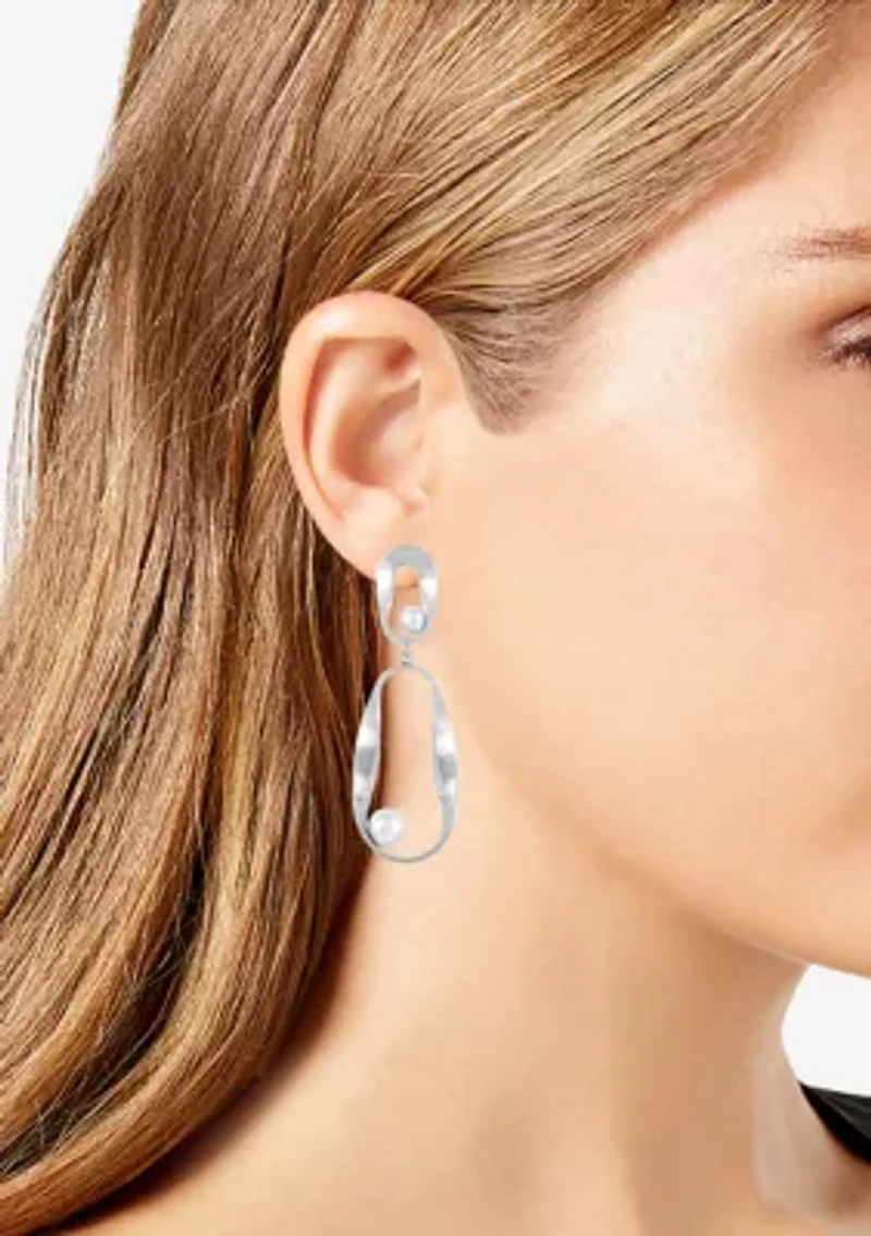 Silver Tone Pearl Ribbon Statement Earrings