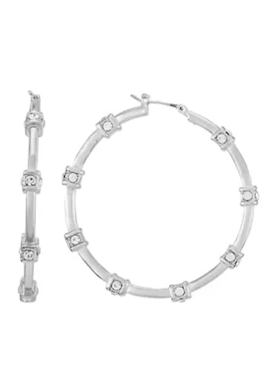 Silver Tone Pavé Station Hoop Earrings