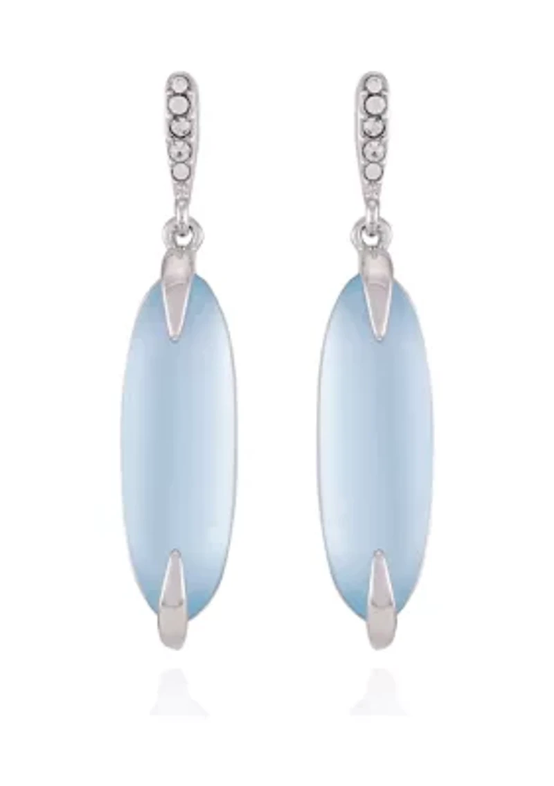 Silver Tone Light Blue Glass Stone Drop Linear Earrings