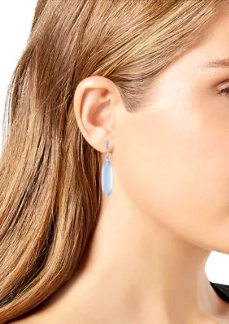 Silver Tone Light Blue Glass Stone Drop Linear Earrings