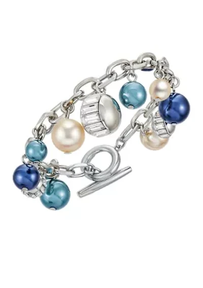 Silver Tone Charm with Multi Colored Pearls Bracelet