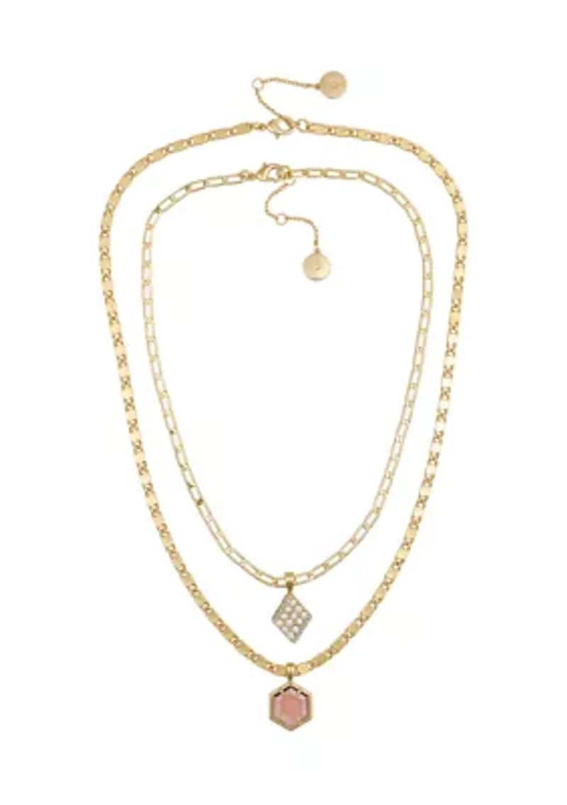 Gold-Tone Layered Burgundy Stone Crystal Charm Necklace Set