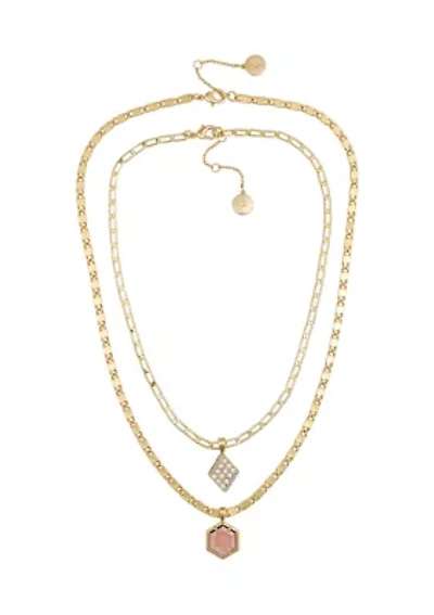Gold-Tone Layered Burgundy Stone Crystal Charm Necklace Set