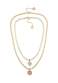 Gold-Tone Layered Burgundy Stone Crystal Charm Necklace Set