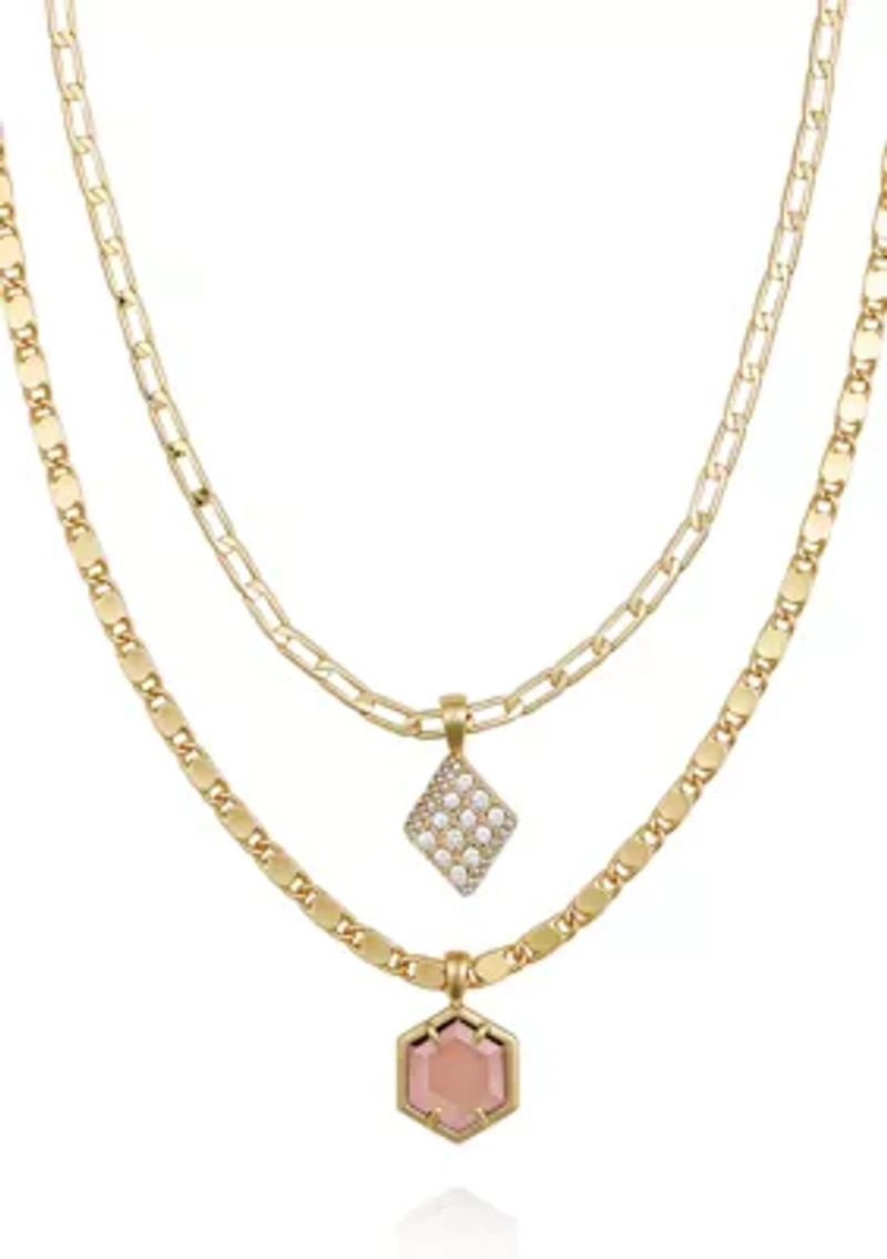 Gold-Tone Layered Burgundy Stone Crystal Charm Necklace Set
