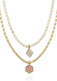 Gold-Tone Layered Burgundy Stone Crystal Charm Necklace Set