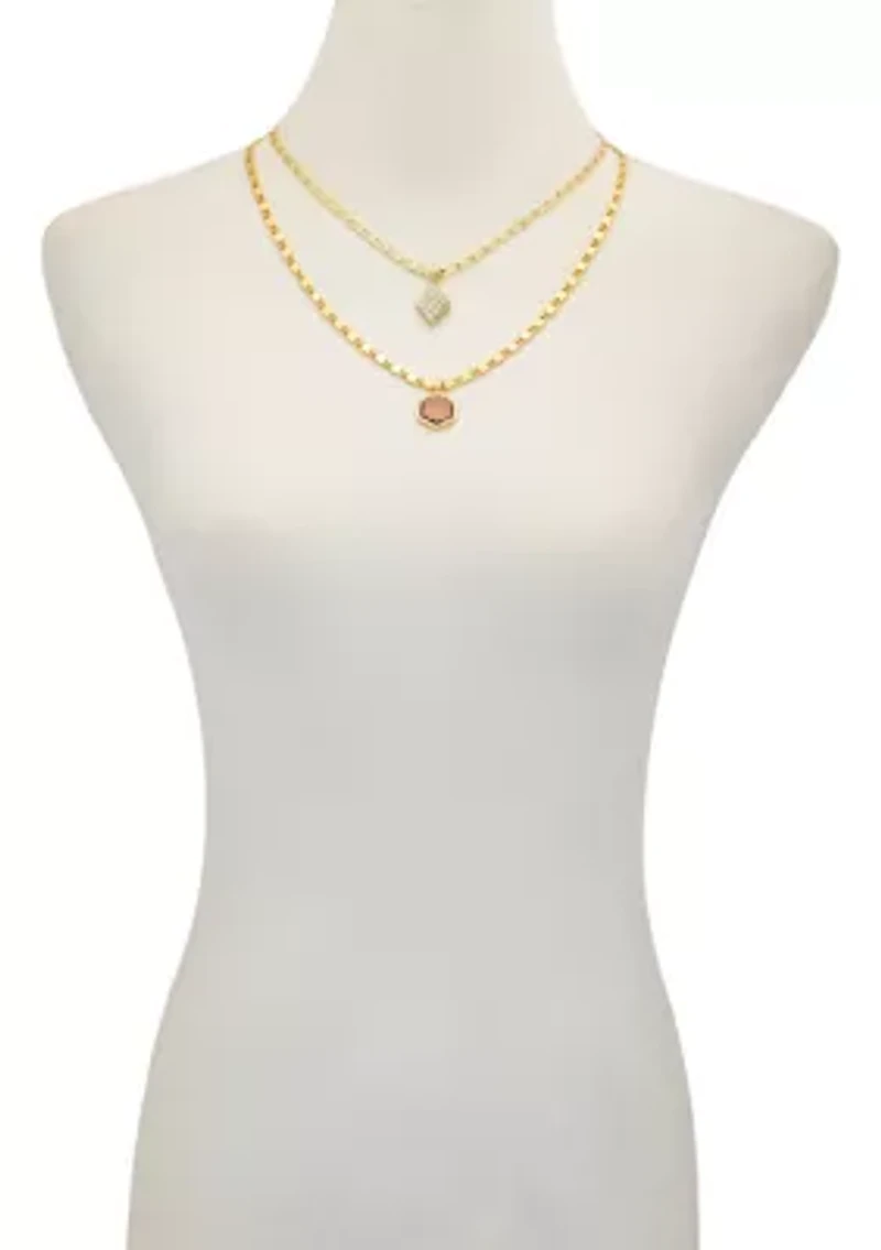 Gold-Tone Layered Burgundy Stone Crystal Charm Necklace Set