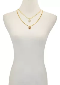 Gold-Tone Layered Burgundy Stone Crystal Charm Necklace Set