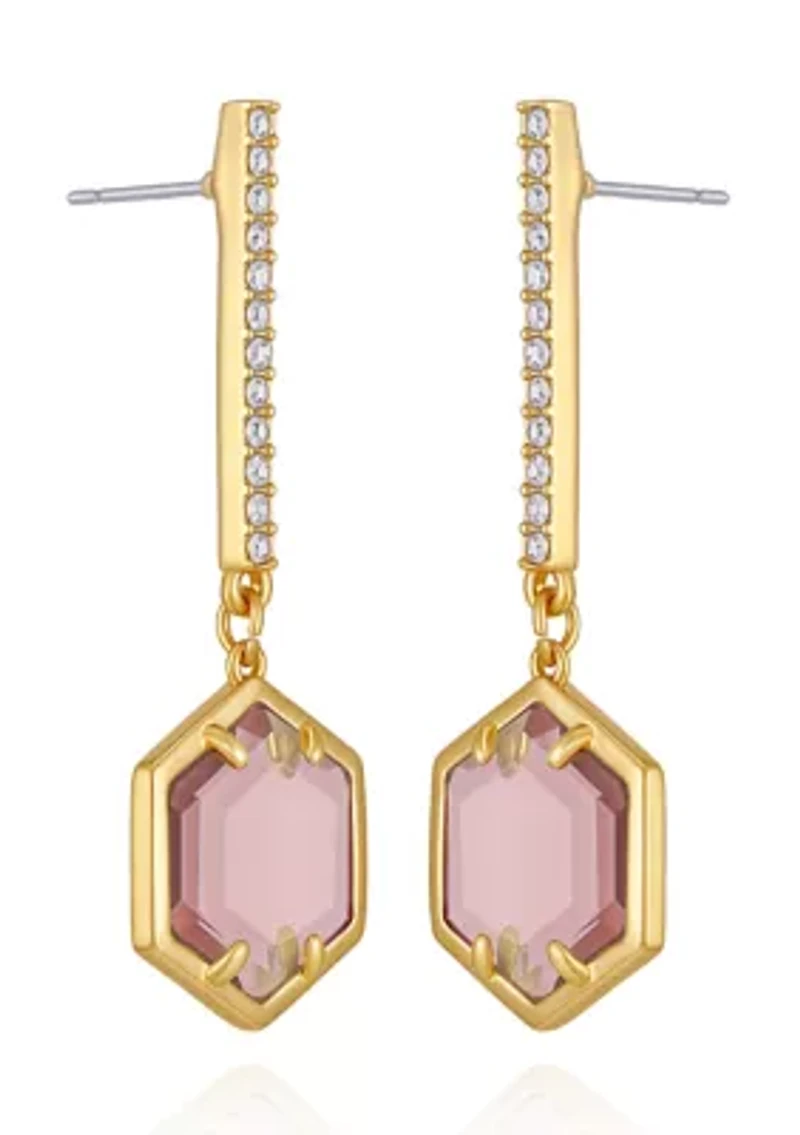 Gold Tone Hexagon Pave Bar Drop Earrings