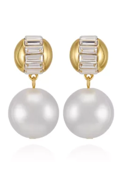 Pearl Drop with Baguette Accent Earrings