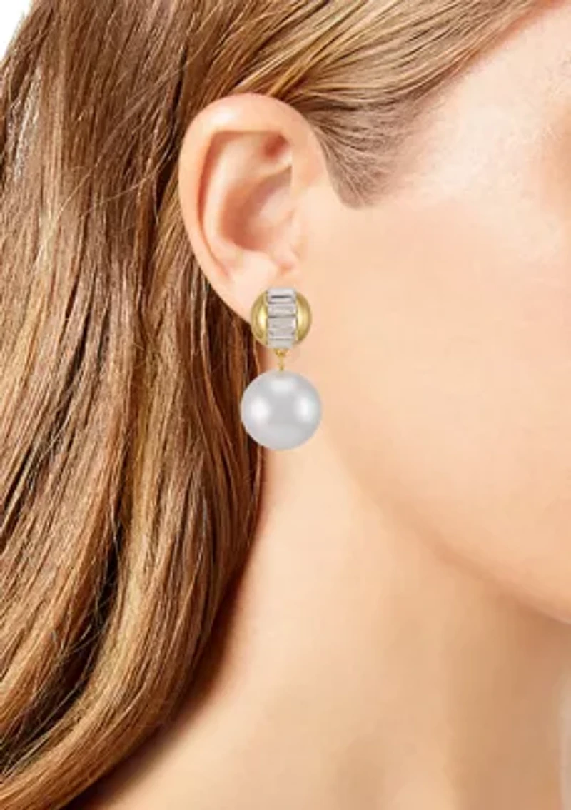 Pearl Drop with Baguette Accent Earrings