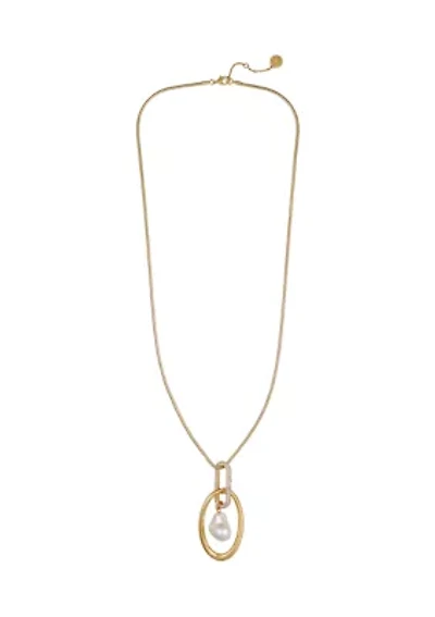 Gold Plated Long Pendant Necklace with Baroque Pearl