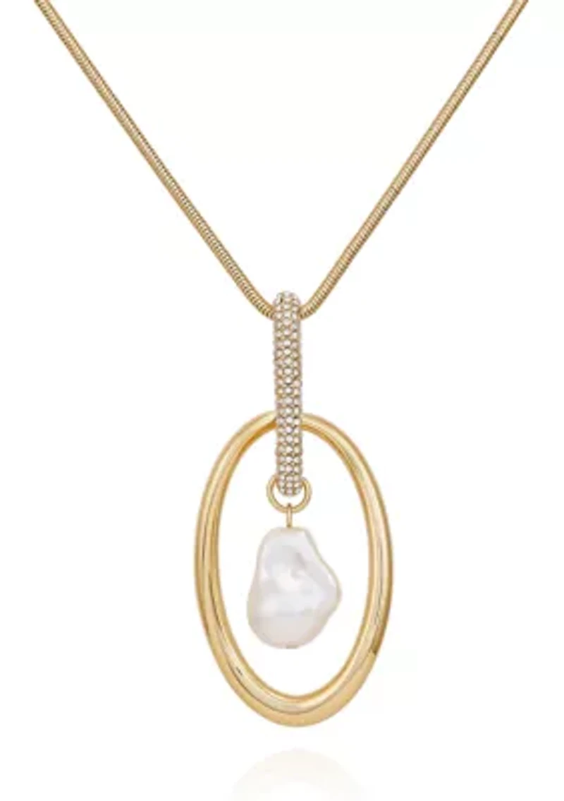 Gold Plated Long Pendant Necklace with Baroque Pearl