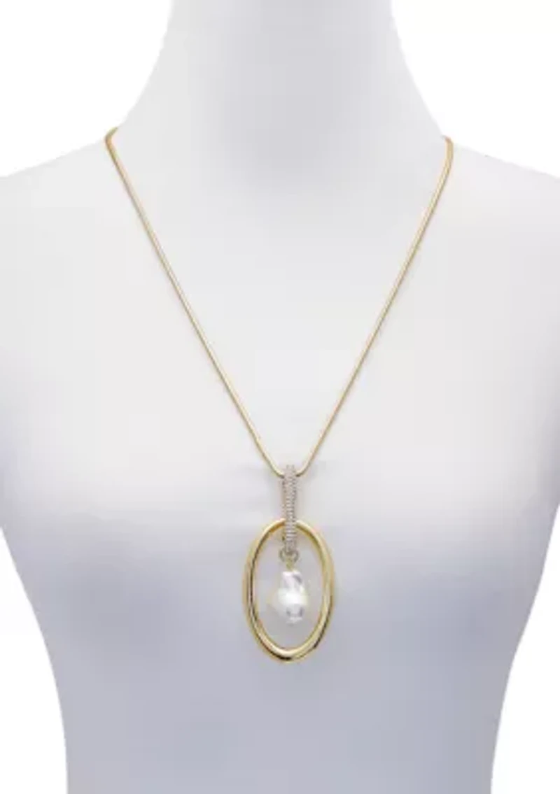 Gold Plated Long Pendant Necklace with Baroque Pearl