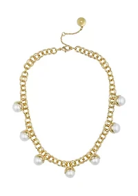 White Pearl Station Necklace in 14K Gold