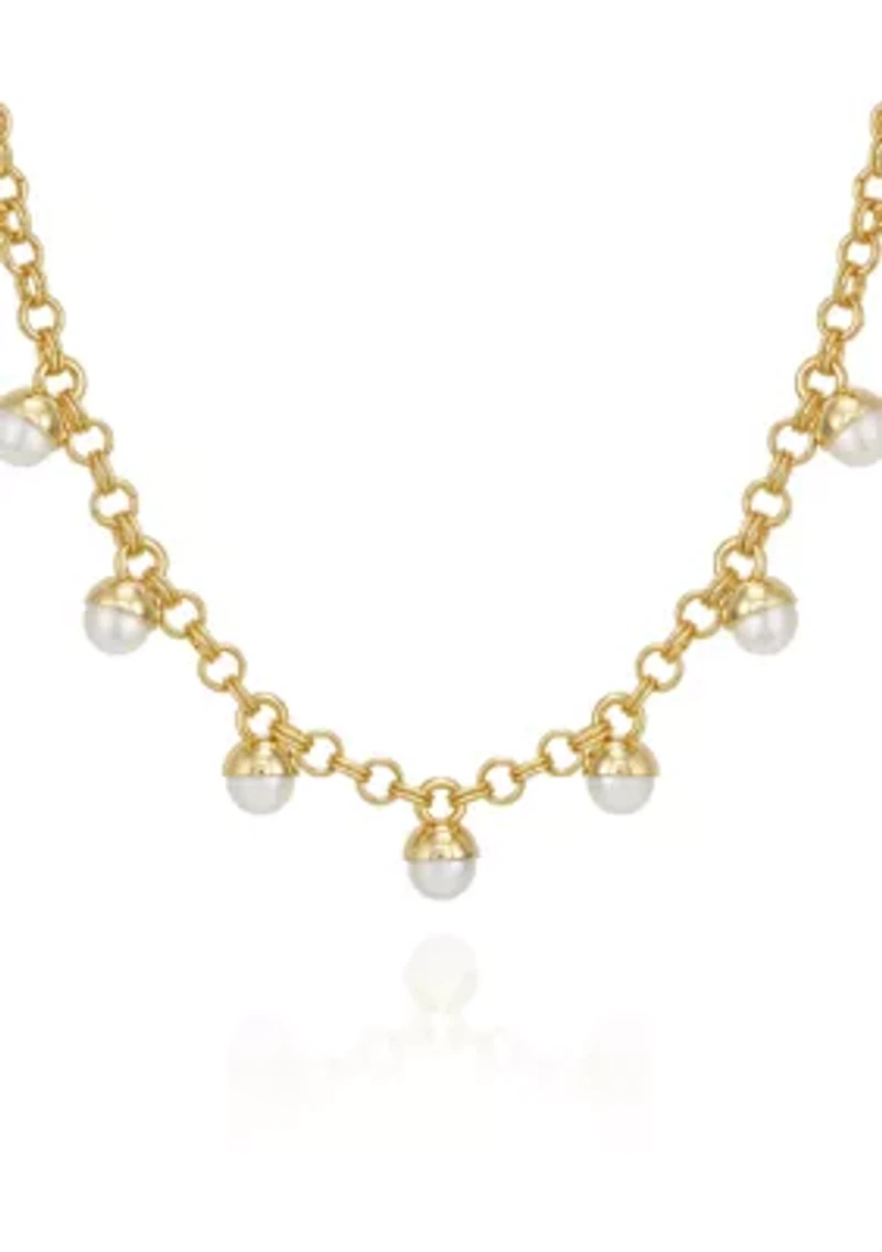 White Pearl Station Necklace in 14K Gold