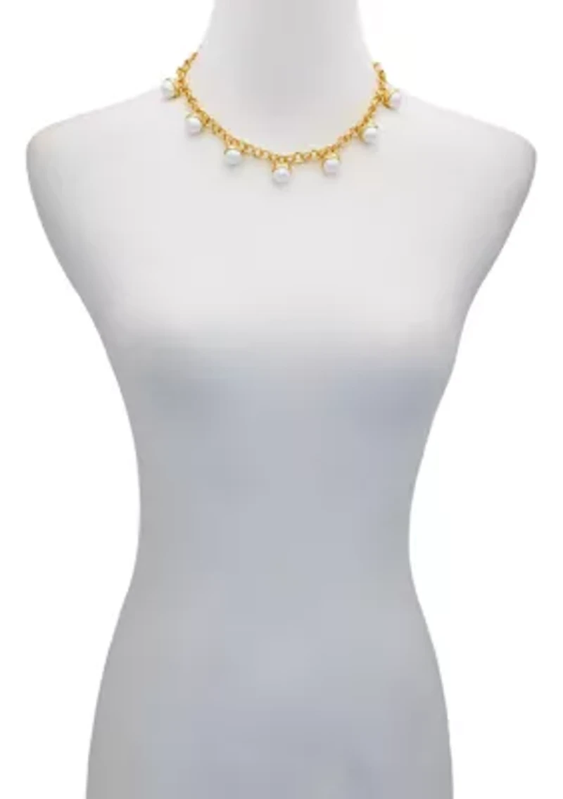White Pearl Station Necklace in 14K Gold