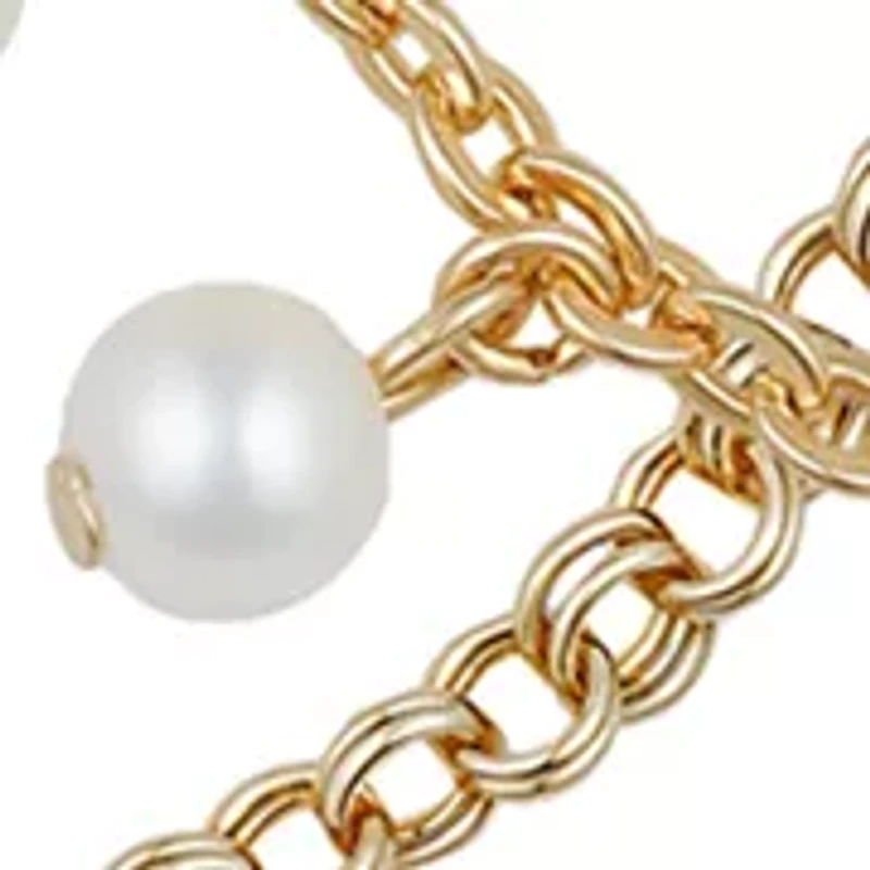 White Pearl Station Bracelet in 14K Yellow Gold