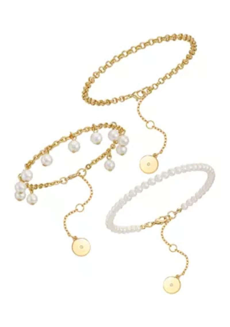 White Pearl Station Bracelet in 14K Yellow Gold