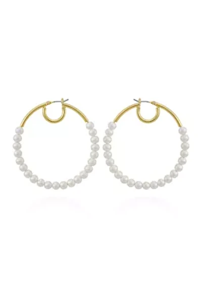 Gold Plated White Pearl Double Hoop Earrings