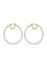 Gold Plated White Pearl Double Hoop Earrings