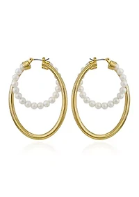 14K Gold  White Pearl Open Circle Earrings