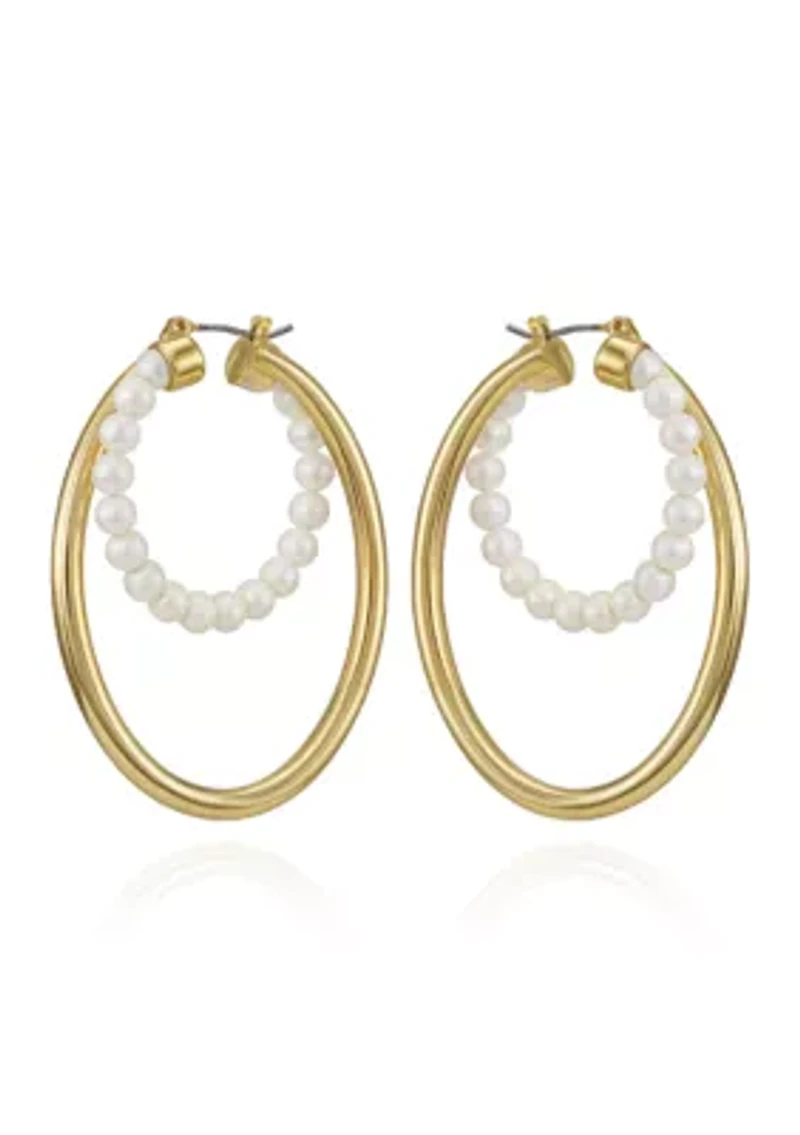14K Gold  White Pearl Open Circle Earrings