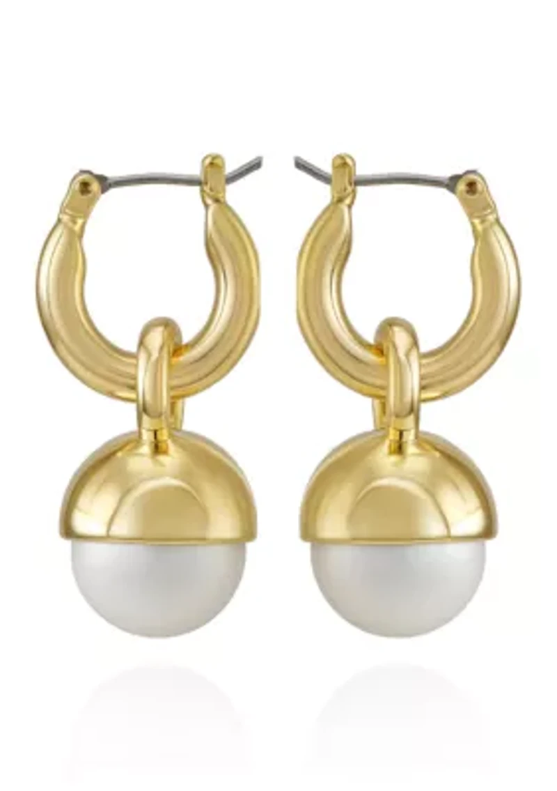 White Pearl Charm Drop Earrings in 14K Gold