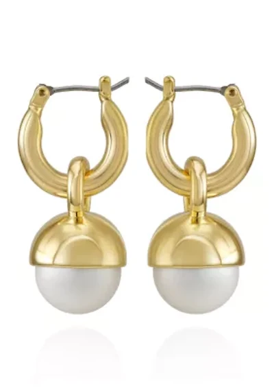 White Pearl Charm Drop Earrings in 14K Gold