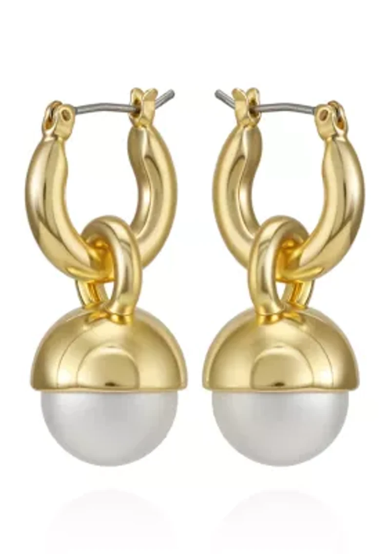 White Pearl Charm Drop Earrings in 14K Gold