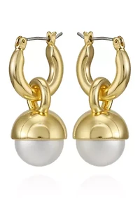 White Pearl Charm Drop Earrings in 14K Gold