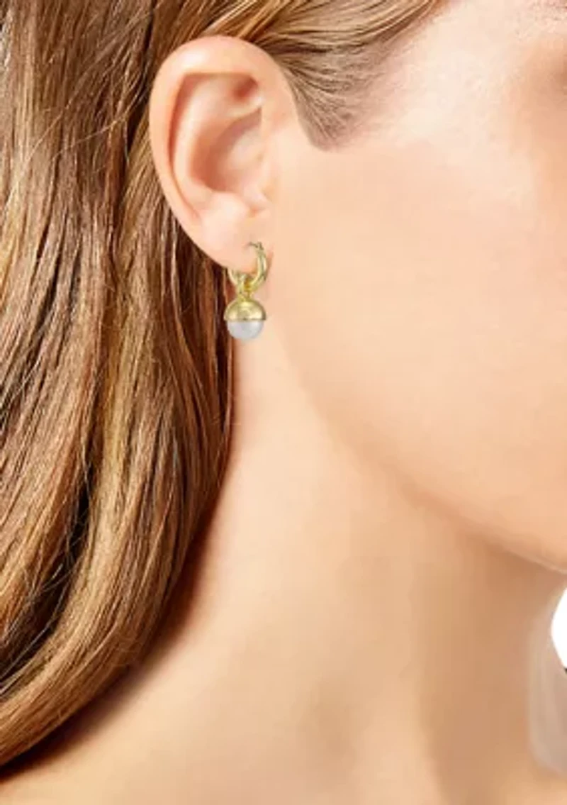 White Pearl Charm Drop Earrings in 14K Gold