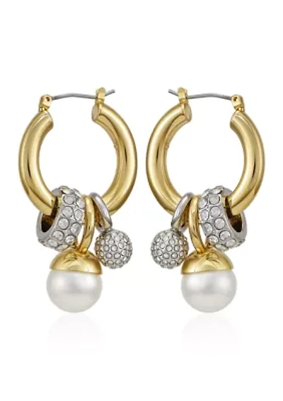 Two-Tone White Pearl Drop Earrings in 14K Gold