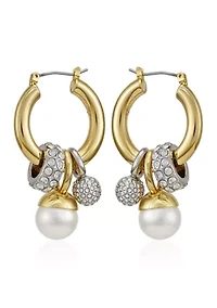 Two-Tone White Pearl Drop Earrings in 14K Gold