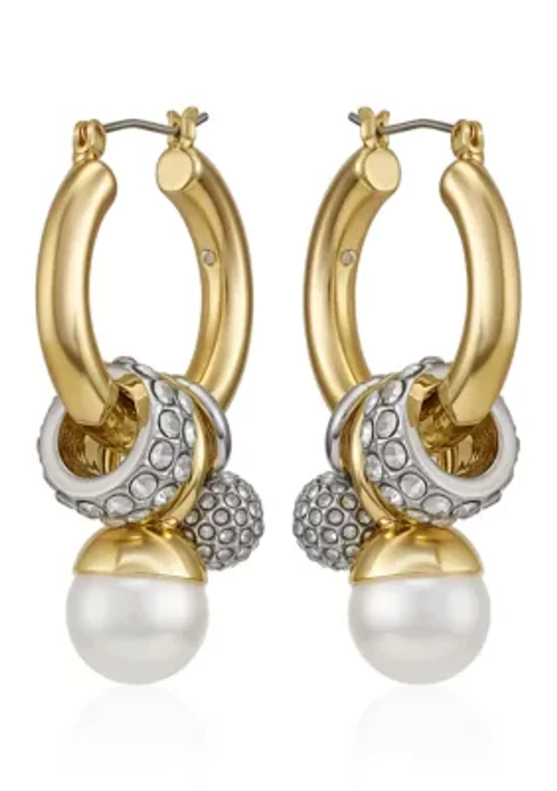 Two-Tone White Pearl Drop Earrings in 14K Gold