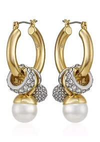 Two-Tone White Pearl Drop Earrings in 14K Gold