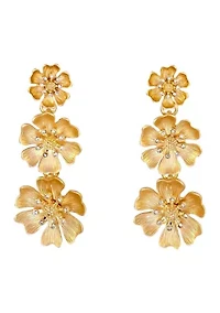 Gold Tone Post Top Graduated Triple Flower Drop Earrings with Crystal Stone Accents 