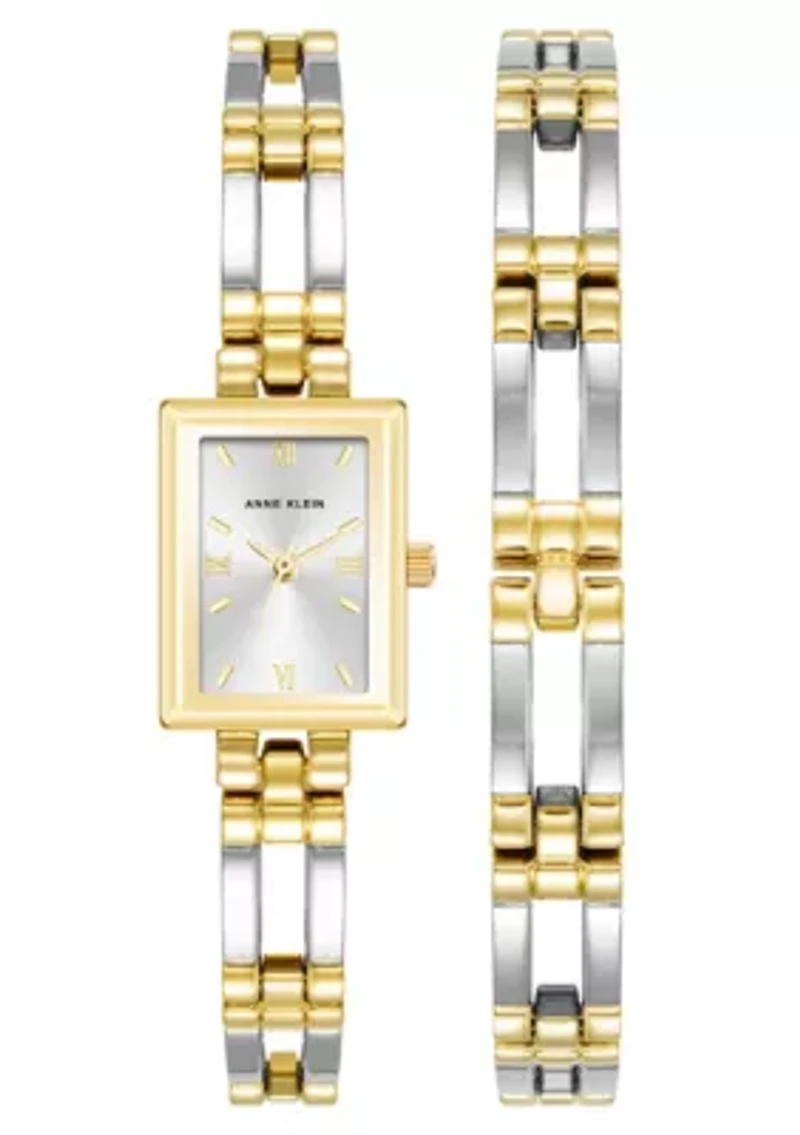 Anne Klein Women's Iconic Rectangular Two-Tone Metal ALloy Bangle Watch Set, 17mm