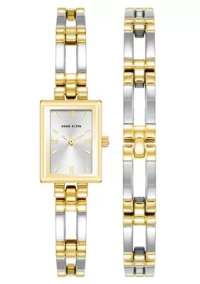 Anne Klein Women's Iconic Rectangular Two-Tone Metal ALloy Bangle Watch Set, 17mm