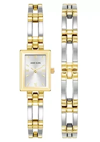 Anne Klein Women's Iconic Rectangular Two-Tone Metal ALloy Bangle Watch Set, 17mm