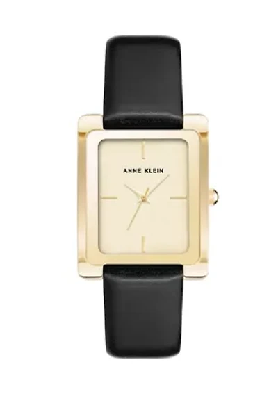 Rectangular Gold Tone Faux Leather Strap Watch